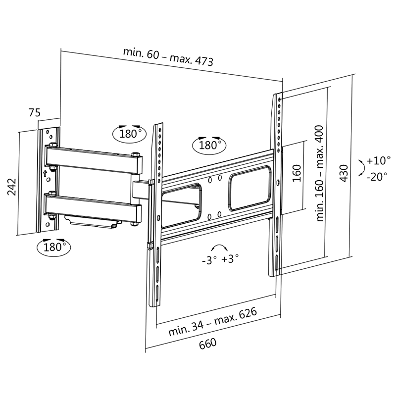 LogiLink - Wall mount, 37"-70", tilt +10°-20°,swievel +-90° - sukiojamas tv laikiklis