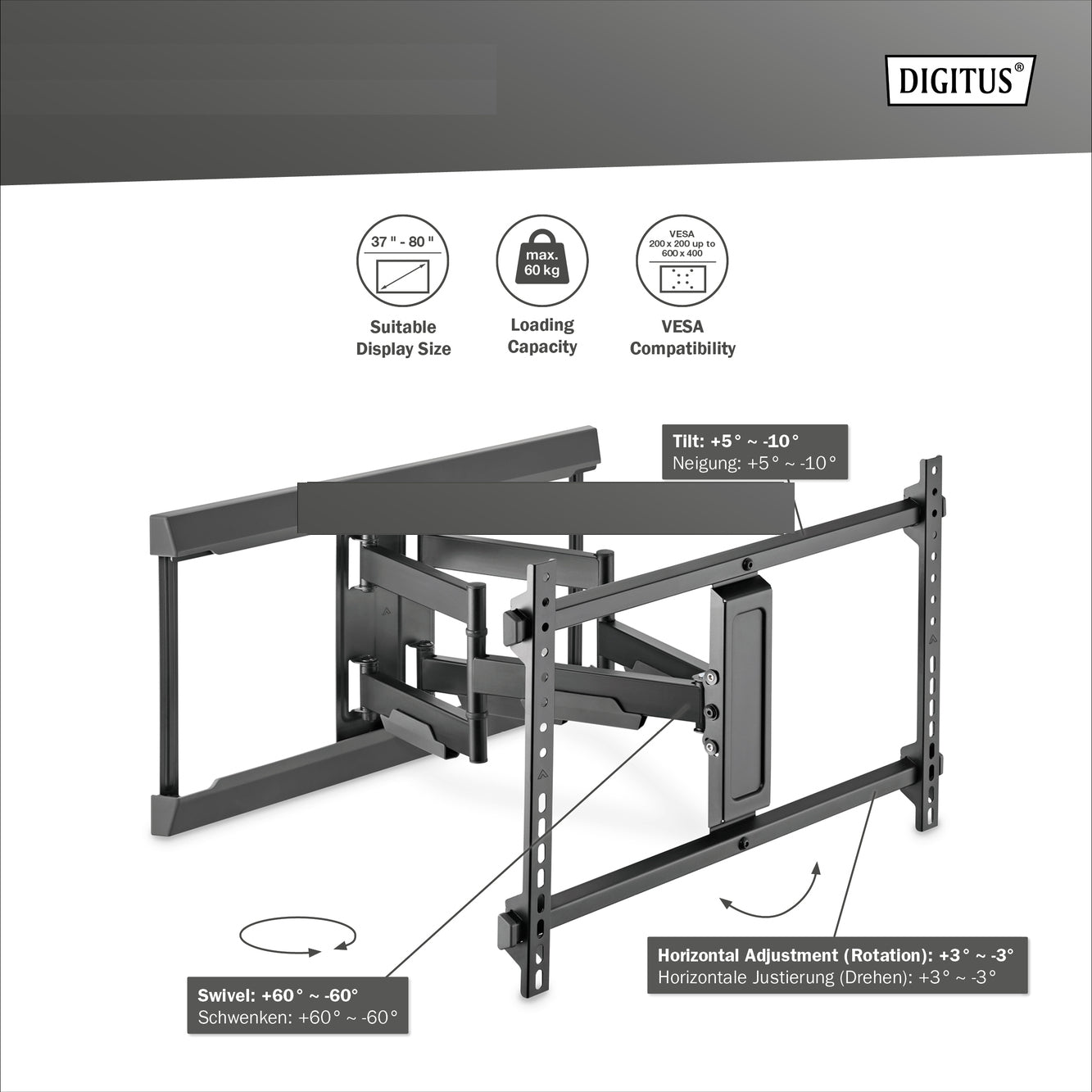 DIGITUS Full Motion TV Wall Bracket (37-80") ištraukiamas laikiklis