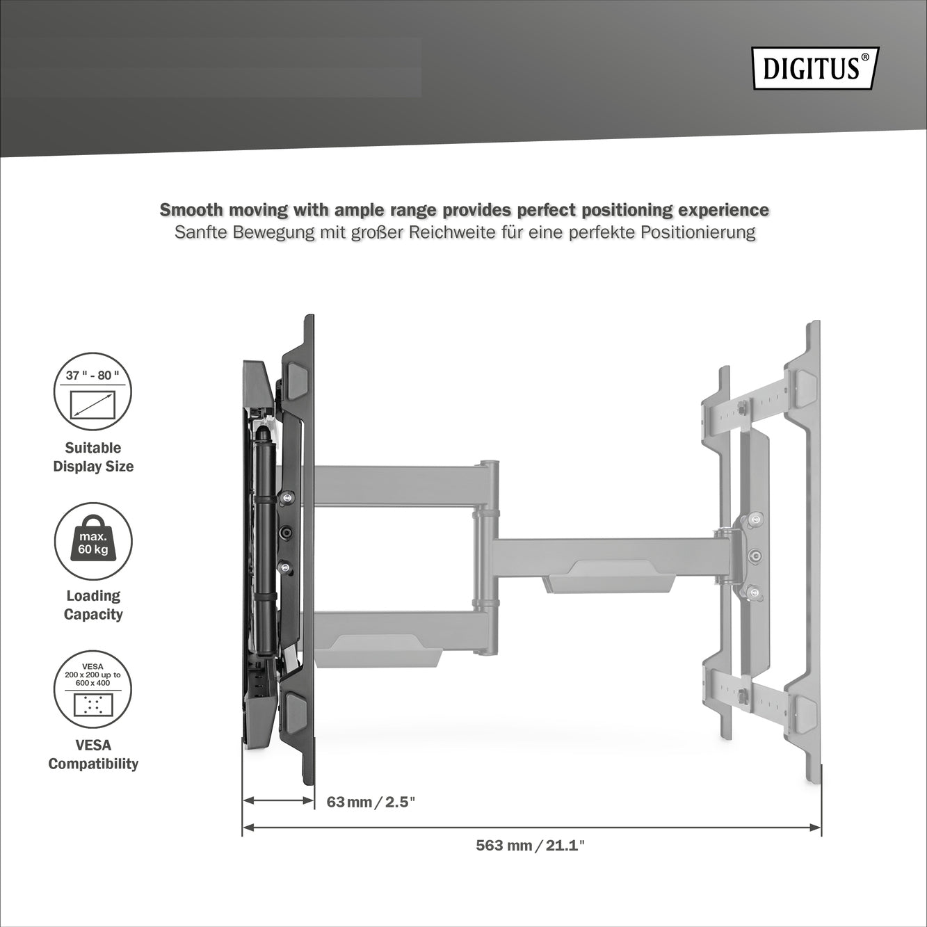 DIGITUS Full Motion TV Wall Bracket (37-80") ištraukiamas laikiklis