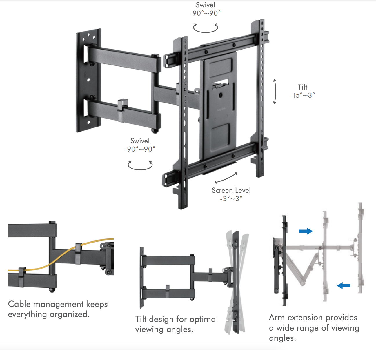 LogiLink - FULL MOTION TV Wall Mount, 32-70 Inches, Tilt, Swivel - ištraukiamas laikiklis