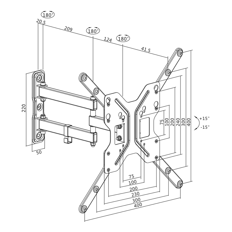 LogiLink - TV Wall mount, 23"-55", tilt +15°-15°,swievel +-90°, 395mm Logilink - ištraukiamas laikiklis